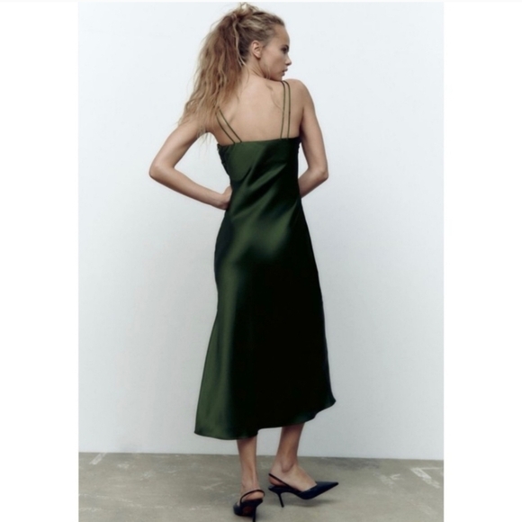 New Zara Satin Effect Jewel Straps Green Midi Dress NWT XS - Picture 5 of 17